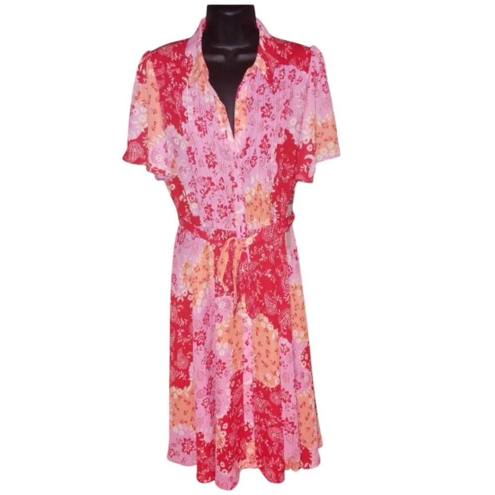 Nanette Lepore coral belted dress, size 10 Button Front Bell Shirt Sleeves NWT